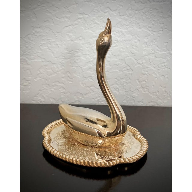 Diminutive Mid 20th-Century Brass Swan on a Dish Ring Holder, Hong Kong For Sale - Image 4 of 17