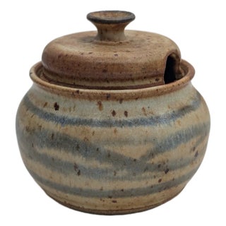Vintage Ceramic Lidded Pottery Sugar Bowl, Honey Pot, Stoneware, Signed For Sale