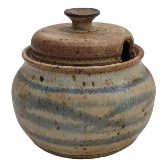 Vintage Ceramic Lidded Pottery Sugar Bowl, Honey Pot, Stoneware, Signed For Sale