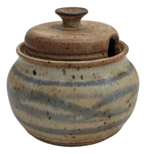 Vintage Ceramic Lidded Pottery Sugar Bowl, Honey Pot, Stoneware, Signed