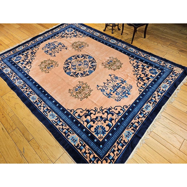 Early 20th Century Art Deco Chinese Rug, Handwoven Wool Pile, Apricot & Navy, Lotus Motif, 8' x 11' For Sale - Image 9 of 18