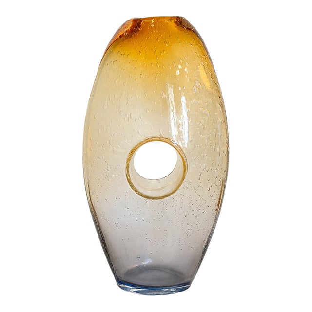 Vintage Hand-Blown Amber Ombré Bubble Glass Open Center Sculptural Vase For Sale