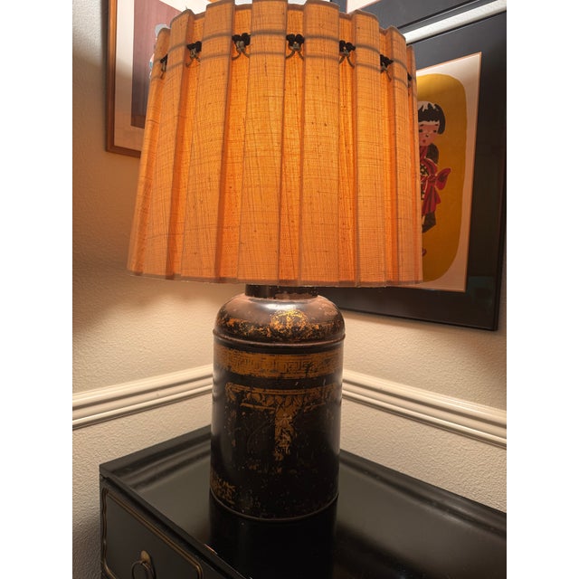 Vintage Chinoiserie Toleware Tea Canister Lamp With Pleated Shade For Sale - Image 10 of 13