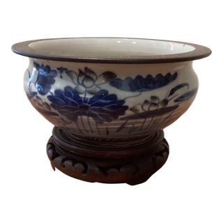 Antique Collectable Qianlong Period Blue and White Glazed Porcelain Censer/Bowl on Wood Base For Sale