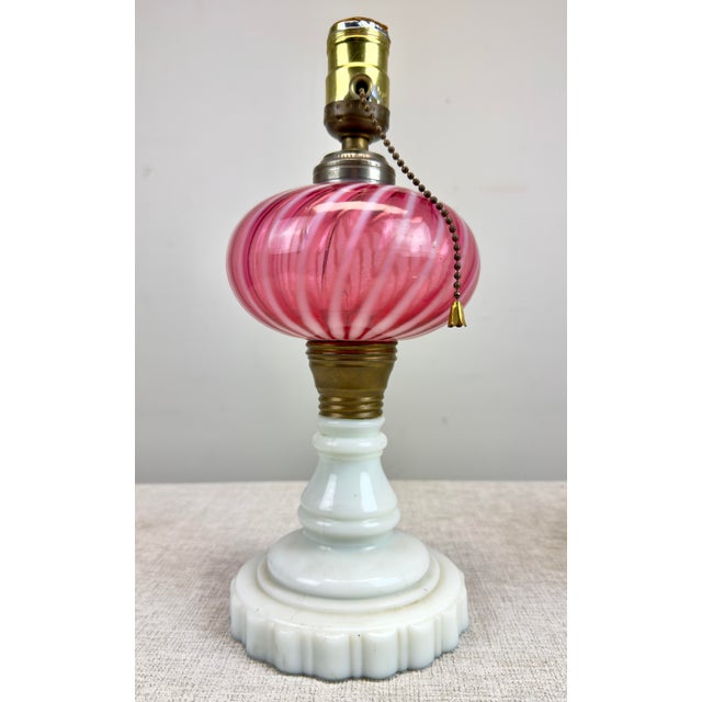 Late 19th Century Antique Fenton / L G Wright Style Cranberry & Milk Glass Converted Oil Lamp For Sale - Image 5 of 10