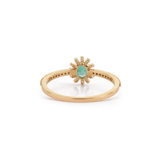 Art Deco Sunburst Emerald & Baguette Diamond Promise Ring Size 6.5 in 14k Yellow Gold For Sale - Image 9 of 17