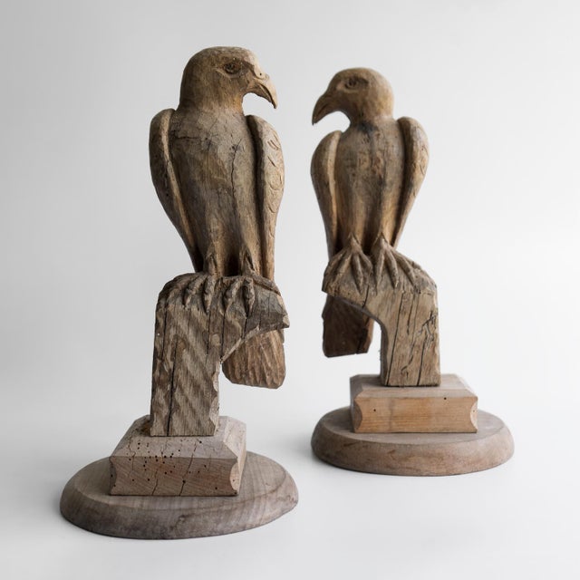 Pair of Antique French Folk Art Carved Oak Falcon Figures, Wooden Bird Sculpture For Sale - Image 4 of 14