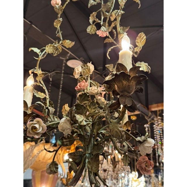 Black French Antique Iron and Porcelain Flower Chandeliers For Sale - Image 8 of 9