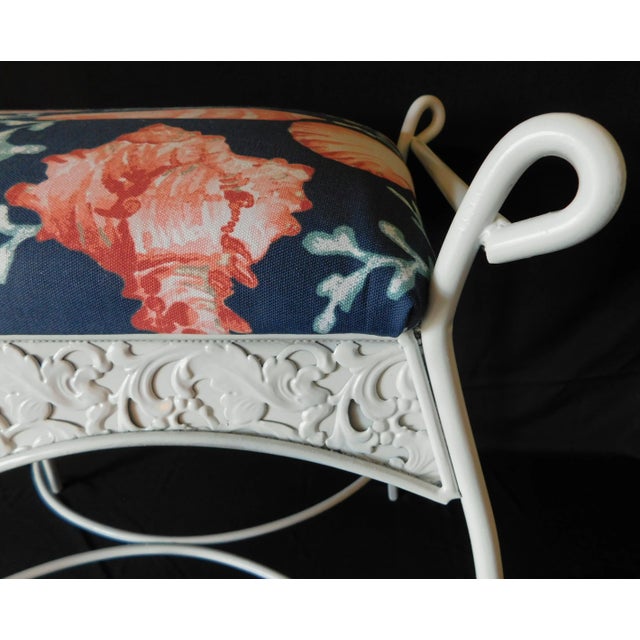Vintage Mid Century White Iron Blue Coral Upholstered Vanity Stool Bench For Sale - Image 11 of 13