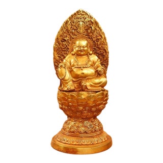 Late 20th Century Gilded Bronze Laughing Buddha Statue on Lotus Throne For Sale