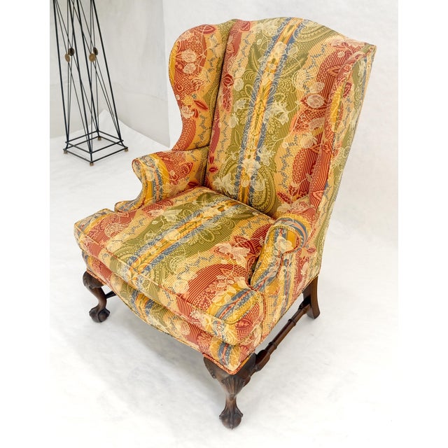 Large Fancy Floral Pattern Uphlstry Fine Carved Ball & Claw Feet Wing Chair MINT For Sale - Image 10 of 13