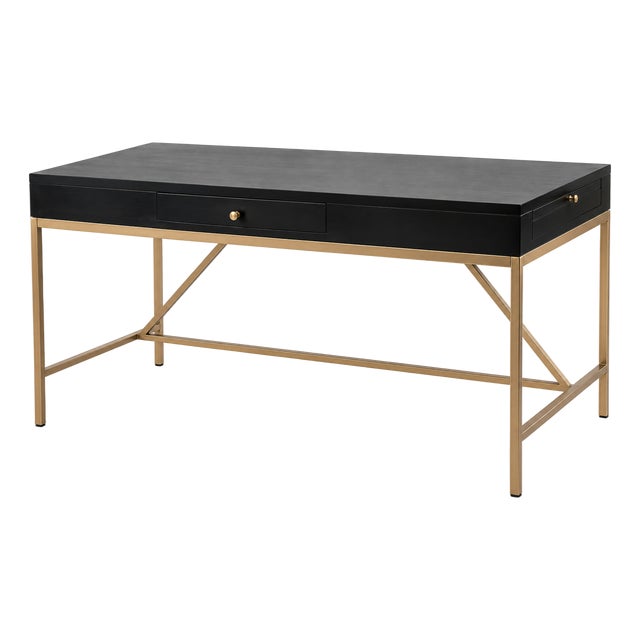 Contemporary Black Writing Desk With Brass-Finish Metal Base For Sale