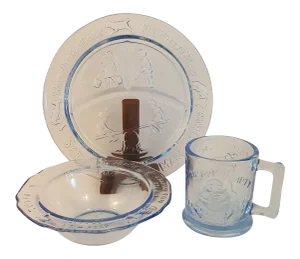 1970s Tiara Glass Blue Nursery Rhyme 3 Piece Childrens Set