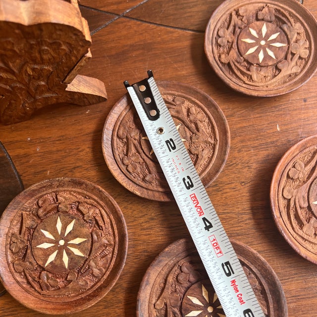 Rustic European 1970s Collection of Hand Carved Wooden Coasters With Holder - 6 pcs For Sale - Image 3 of 12