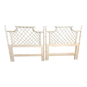 White Ficks Reed Vintage Palm Beach Regency Lattice Twin Rattan Faux Bamboo Headboards - a Pair