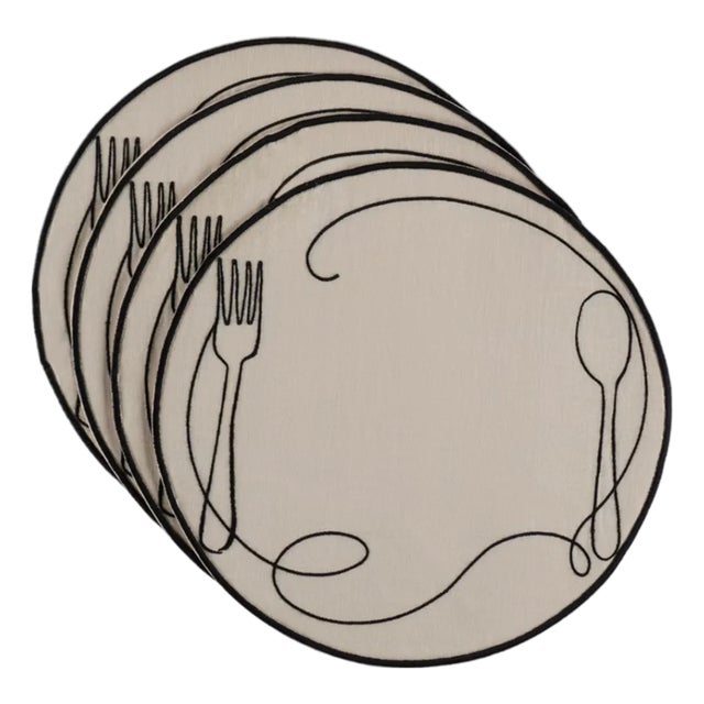 Line Drawing Fork & Spoon Embroidered Linen Placemats, Set of 4 For Sale