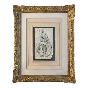 Antique Framed Rococo European Drawing of a Woman With Her Back Turned by Nicolas Lancret