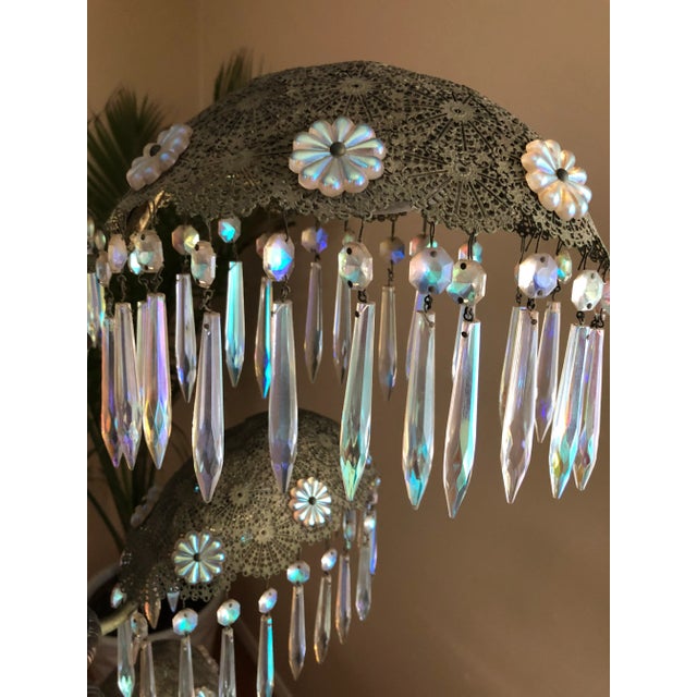 Vintage Art Deco Nouveau Crystal Filigree Brass Chandelier Table Lamp For Sale - Image 4 of 10