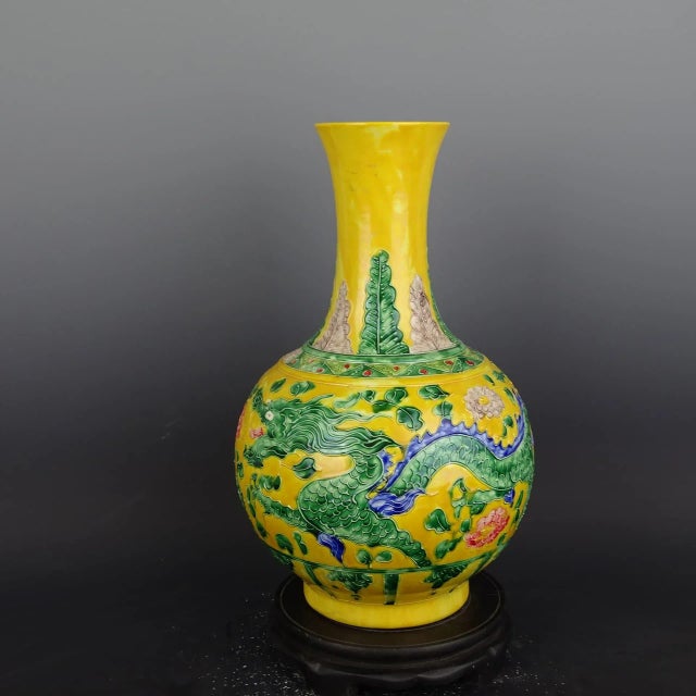 Early 20th Century Chinese Vintage Ceramic Vase,Ming Dynasty Yongle Marked Yellow Ground Famille Verte Porcelain Vase With Dragon Phoenix Relief For Sale - Image 5 of 7