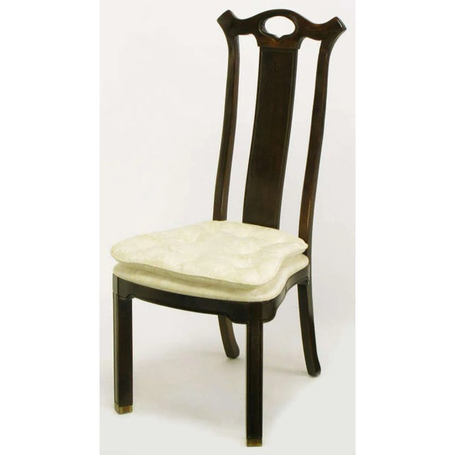 Set of six teakwood chinoiserie dining chairs from Hickory Furniture. Silk blend, tone on tone upholstery and button-...