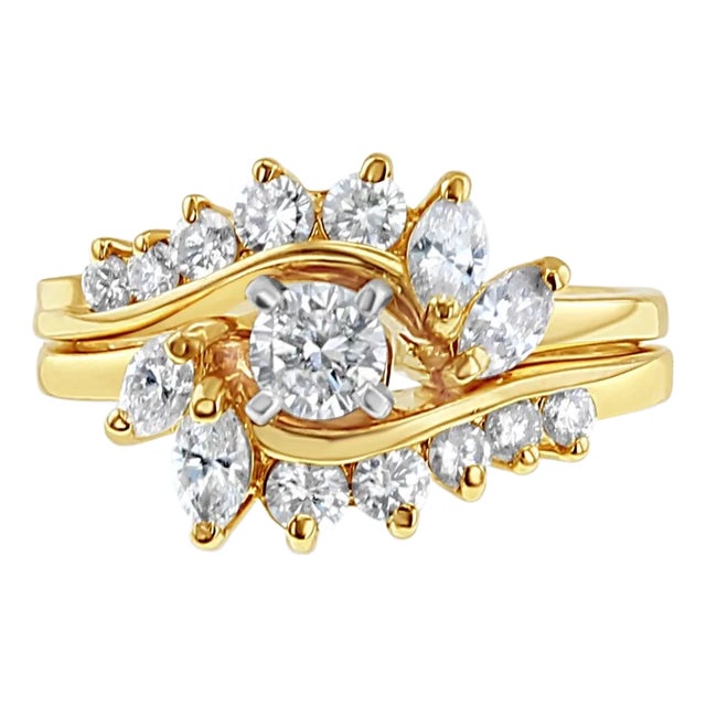 Round Diamond & Marquise Accented Bridal Ring Set 1.50cttw 14k Yellow Gold, Size 7 For Sale