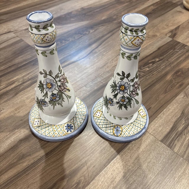 Vintage Floral Hand Painted Made in Portugal Candlestick Holders-Setf of 2 For Sale - Image 4 of 5