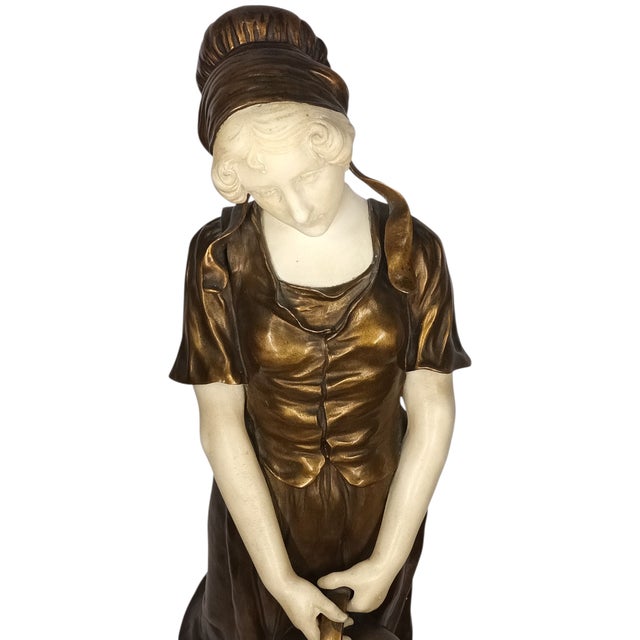 Metal Large Art Deco Bronze and Carved Marble Sculpture of a Water Carrier by Dominique Alonzo (58 Cm) For Sale - Image 7 of 12