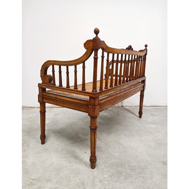 Wood Louis XVI Hand-Carved Bench in style of with Hand-Woven Cane Seat For Sale - Image 7 of 12