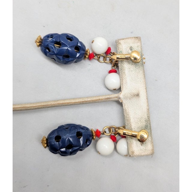 Metal Vintage 1960s Signed Hobé Blue, White & Red Beaded Drop Clip Earrings- 2 Pieces For Sale - Image 7 of 8