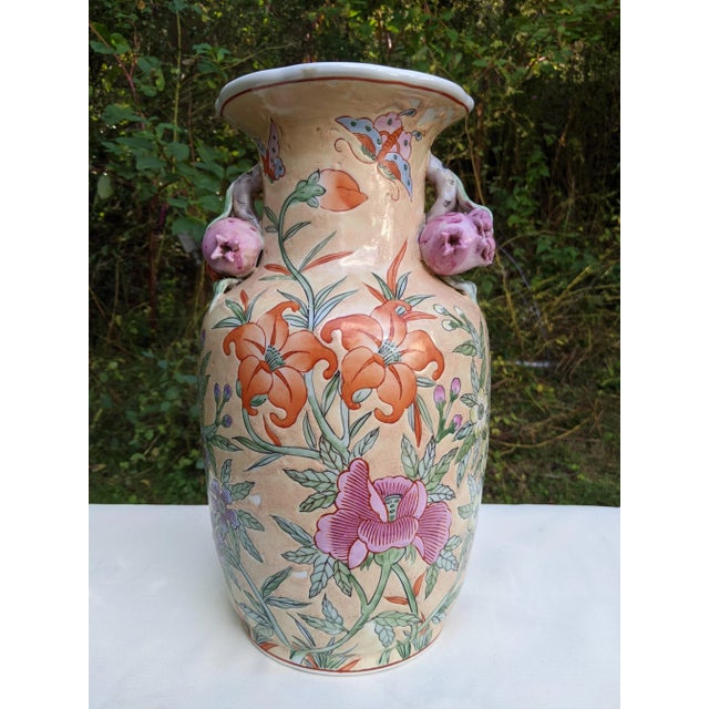 Peach Vintage Chinese Ceramic Vase W/Butterflies, Flowers & Pomegranate Fruit Handles For Sale - Image 8 of 12