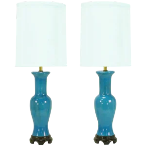 Frederick Cooper Cerulean Blue Crackle-Glaze Table Lamps - a Pair