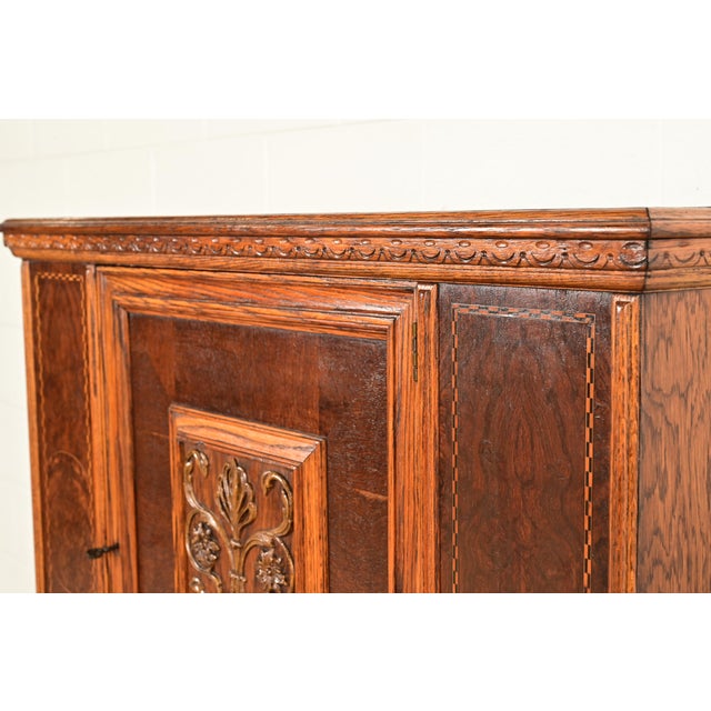 Early Romweber Antique English Jacobean Carved Oak and Burl Wood Bar Cabinet, Circa 1900 For Sale - Image 9 of 16