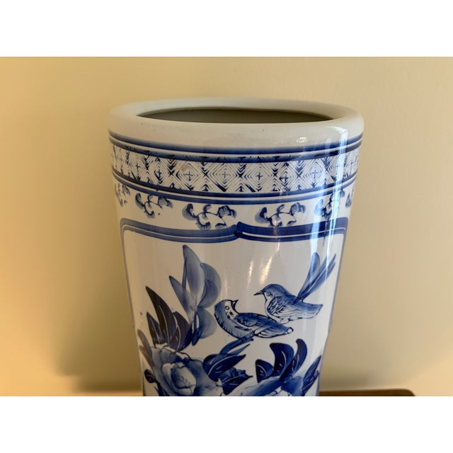 Ceramic Vintage Chinoiserie Blue and White Porcelain Umbrella Stand For Sale - Image 7 of 13