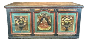 Antique Folk Art Floral Painted Blanket Chest With Virgin Mary and Child