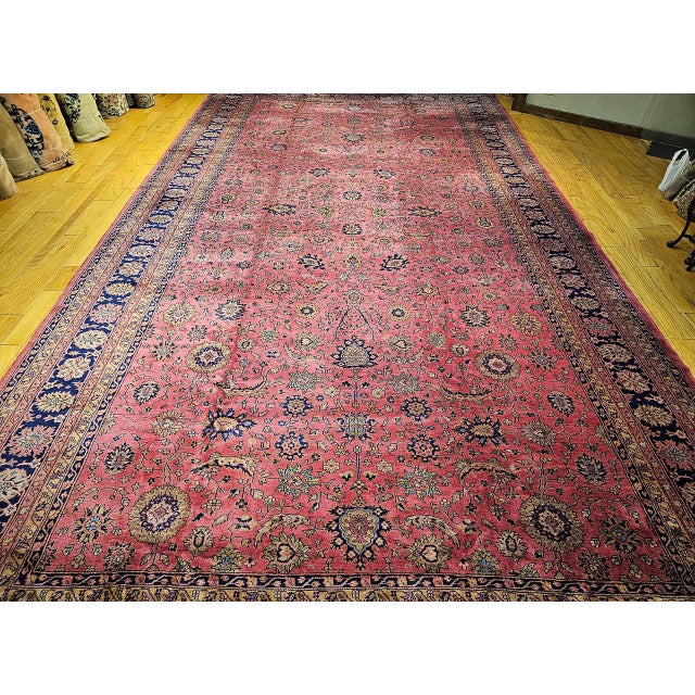 French Country Vintage Oversize Tabriz Design Rug, Hand-Knotted Wool, Allover Geometric Pattern, Pale Red & Navy, 13x24 For Sale - Image 3 of 16
