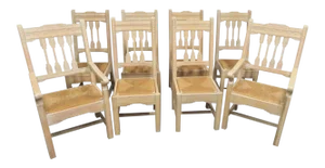 South Western Style Pine Carved Rush Seat Chairs - Set of 8