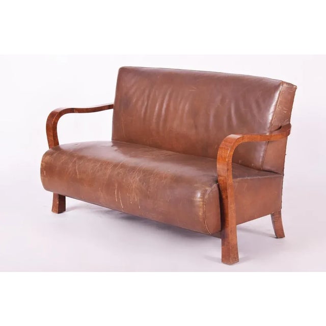 Vintage Art Deco Lounge Set in Walnut and Leather, 1930s, Set of 3 For Sale - Image 10 of 11
