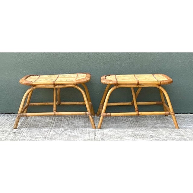 Khaki Vintage Rattan Low Stools - Pair For Sale - Image 8 of 12