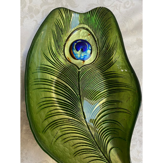 1960s Pair Vintage 1960s Mid-Century Modern Reverse Painted Art Glass Peacock Feather Reverse Painted Bowls For Sale - Image 5 of 10