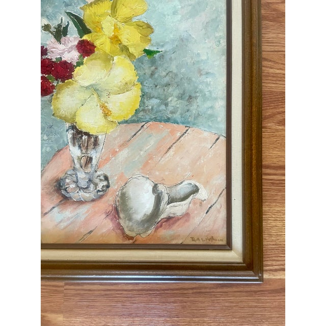 "Yellow Hibiscus" Still Life Framed Oil Painting by Ruth Erb Hoffman, c.1956 For Sale In Buffalo - Image 6 of 11