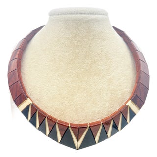 1980s Signed Adair Rosewood Choker & Bracelet Set – Ebony & Maple Inlay, Brass Accents, 2 Pieces For Sale