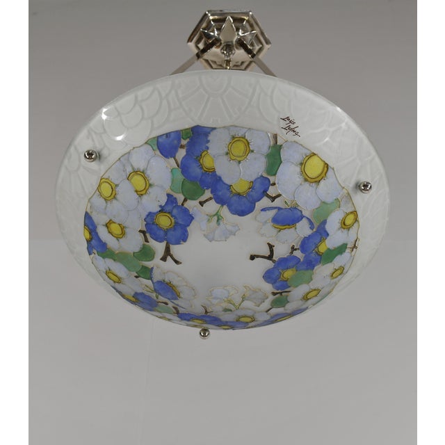 1930s Loys Lucha French Art Deco Pendant Light 1930s - Blue White Floral Enameled Bowl For Sale - Image 5 of 13