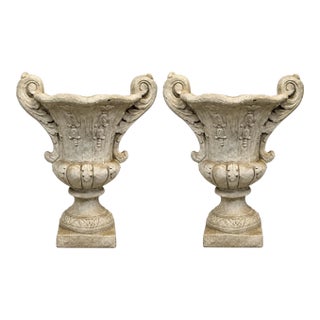 Late 20th-C. Large Scale Neo-Classical Urn Form Cast Stone Planters - Pair For Sale
