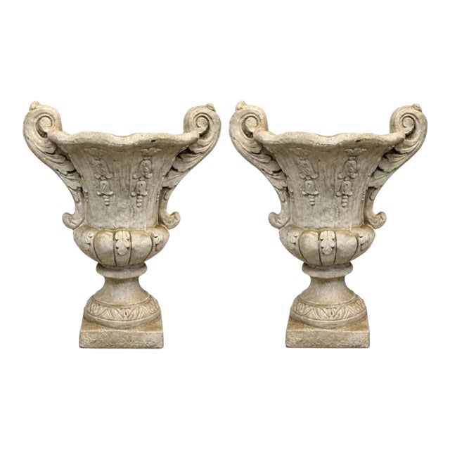 Late 20th-C. Large Scale Neo-Classical Urn Form Cast Stone Planters - Pair For Sale