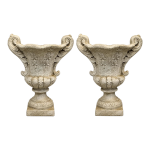 Late 20th-C. Large Scale Neo-Classical Urn Form Cast Stone Planters - Pair