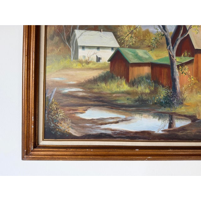 Brown 1970s Vintage Rural Autumn Landscape Oil on Canvas Painting – Wood Frame For Sale - Image 8 of 12