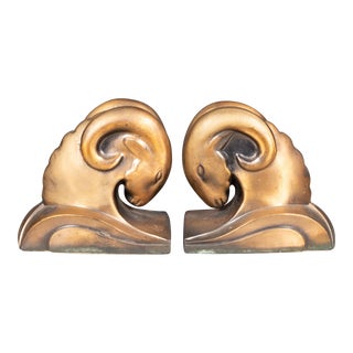 Art Deco Ram Head Copper Plate Bookends by Cornell Foundry C.1930 For Sale