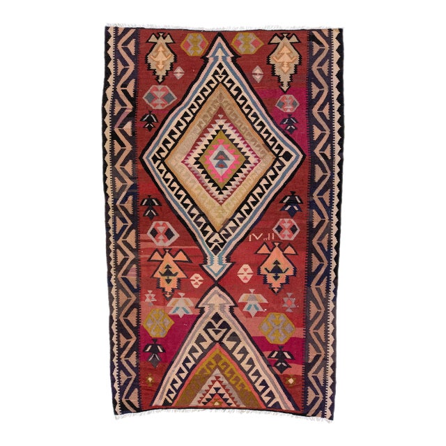 1960s Vintage Turkish Kilim Red Handmade Tribal Wool Rug For Sale