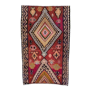 1960s Vintage Turkish Kilim Red Handmade Tribal Wool Rug