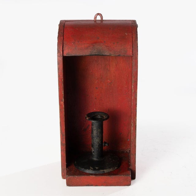 Antique Red Candle Box Sconce With Hog Scraper Candlestick For Sale - Image 6 of 7
